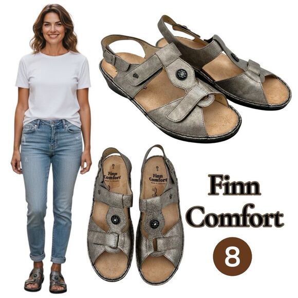 Finn Comfort Women's Adana Backstrap Metallic Strappy Sandals Silver Sz 8 (fit 9 - Picture 1 of 14